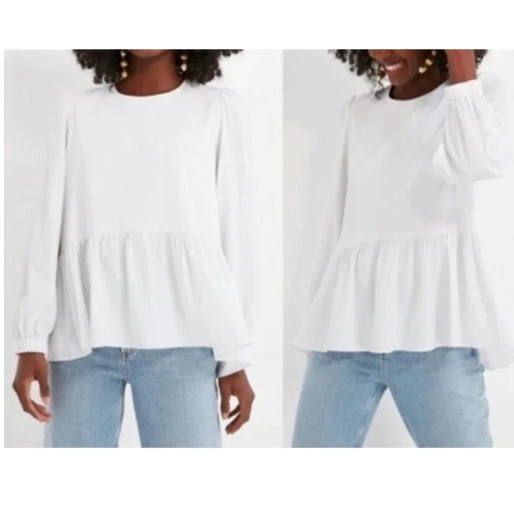 Tuckernuck Pomander Place White Peplum Long Sleeve Puff Sleeve Blouse Top XS
